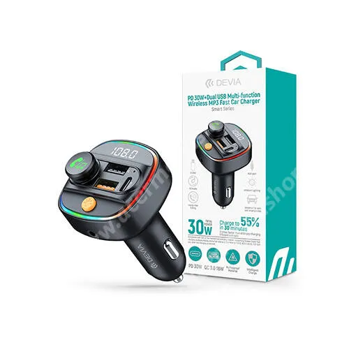 ACER Liquid S1 DEVIA SMART bluetooth FM transmitter, Kihangosító és autós töltő, 2x USB és 1x Type-C aljzat, 30W, PD, QC gyorstöltés, Felvevő és média gombok, Világítás, AUX, Fekete