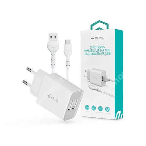  DEVIA Smart Series hálózati töltő, 2x USB aljzattal, 12W, 5V/ 2.4A, Gyorstöltés támogatás, microUSB adatátvitel és töltő kábellel, Fehér