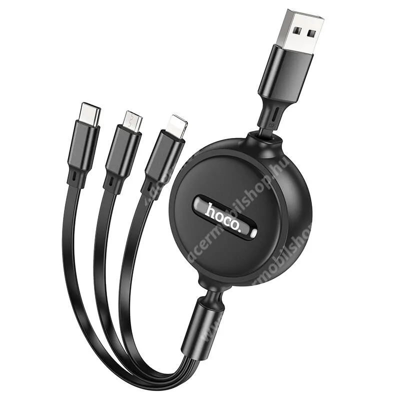 ACER Liquid S1 HOCO X75 3 az 1-ben adatátviteli kábel, USB töltő, USB / microUSB, Lightning és Type-C csatlakozók, 20W, 2A, 1m hosszú felcsévélhető kábel, Gyorstöltés támogatás, Fekete