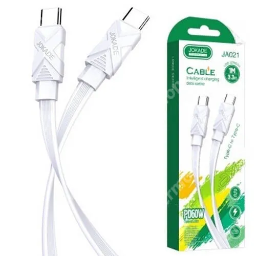 Acer Iconia P10 (P10-11-K8YD) JOKADE JA021 LONGGE adatátvitel adatkábel és töltő, Type-C - Type-C csatlakozók, 12V/5A, 60W, 1m hosszú lapos kábel, Törésgátló, PD gyorstöltés támogatás, Fehér