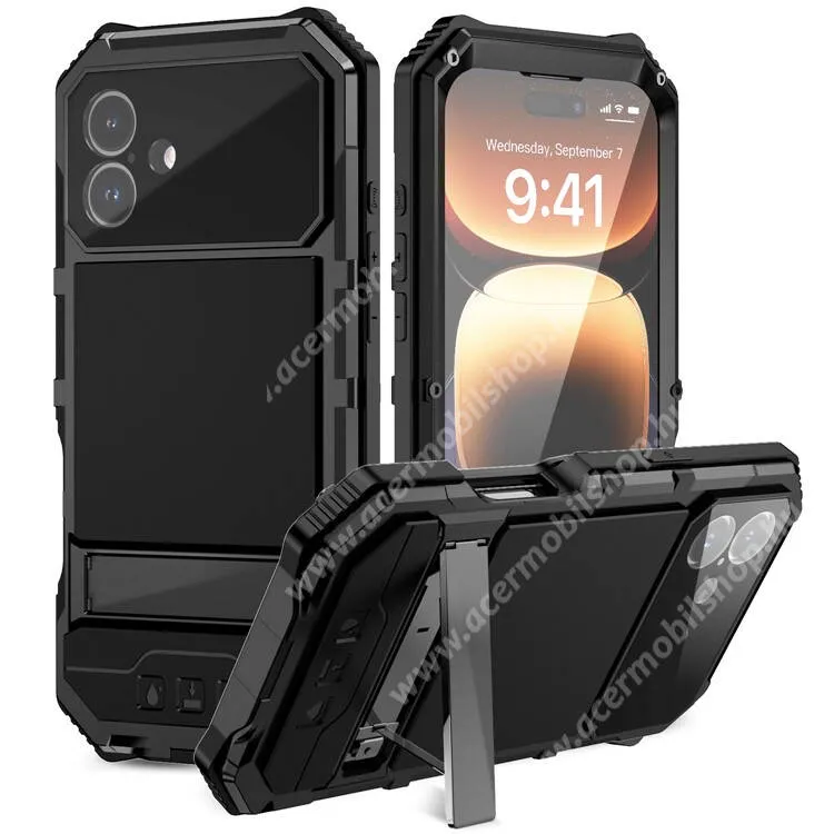  Apple iPhone 16 Plus, R-JUST defender telefontok, Ütésálló, Edzett üveg, Csavarral rögzíthető fém keret, Szilikon betétes, Kitámasztható, Fekete