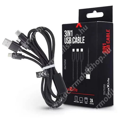 ACER Liquid S1 Maxlife 3 az 1-ben adatatátviteli kábel, USB töltő, Type-C, microUSB, Lightning - USB csatlakozás, 1m hosszú szövettel bevont kábel, 5V/2A, Fekete, 