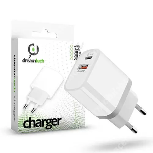 Acer Iconia P10 (P10-11-K8YD) Dreamtech Charger hálózati töltő, 1 x USB-C és 1 x USB-A aljzattal, 20W, PD gyorstöltés támogatás, Kábel nélkül, Fehér
