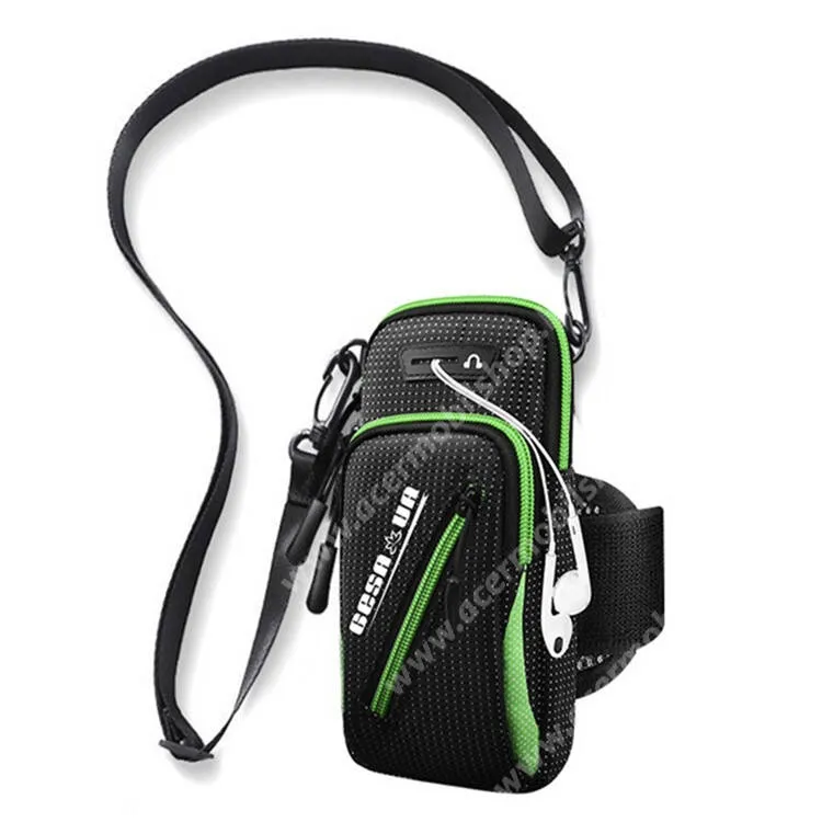 ACER Liquid Z3 Sport tok, Karpánt, Fülhallgató nyílás, Állítható, levehető vállpánt, Cipzár, Tépőzár, Cseppálló oxford szövet, 190x100x50mm, Fekete, Zöld