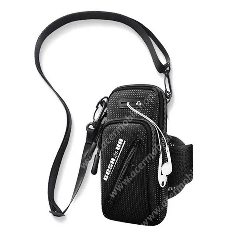 ACER Liquid Z3 Sport tok, Karpánt, Fülhallgató nyílás, Állítható, levehető vállpánt, Cipzár, Tépőzár, Cseppálló oxford szövet, 190x100x50mm, Fekete