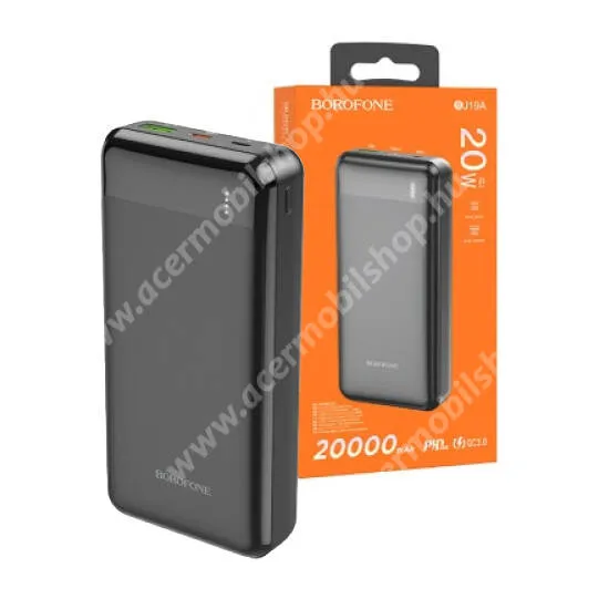 ACER Iconia Talk S (A1-734) Hoco Borofone power bank, Vésztöltő, 1 x USB-A, 1 x microUSB, 1 x USB-C aljzat, 20000mAh, 20W, PD 3.0, QC 3.0 gyorstöltő, LED kijelző, BJ19A, Fekete