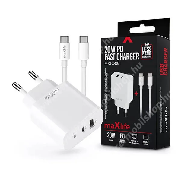 ACER Iconia Tab A211 MAXLIFE hálózati töltő, 2x USB-C és 1x USB-A aljzat, 20W, PD, QC3.0 gyorstöltés támogatás, 1m USB-C / USB-C kábel, Fehér