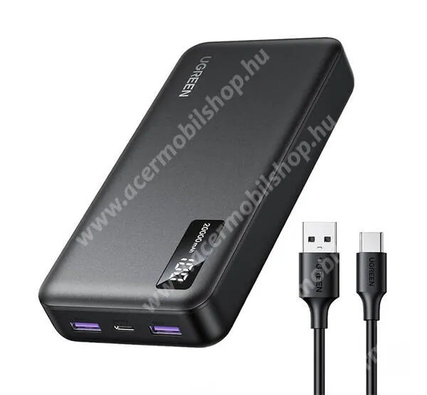 ACER Liquid Z3 UGREEN power bank, Vésztöltő, 2 x USB-A, 1 x USB-C aljzat, 20000mAh, 20W, PD gyorstöltő, LED kijelző, PB312, Fekete