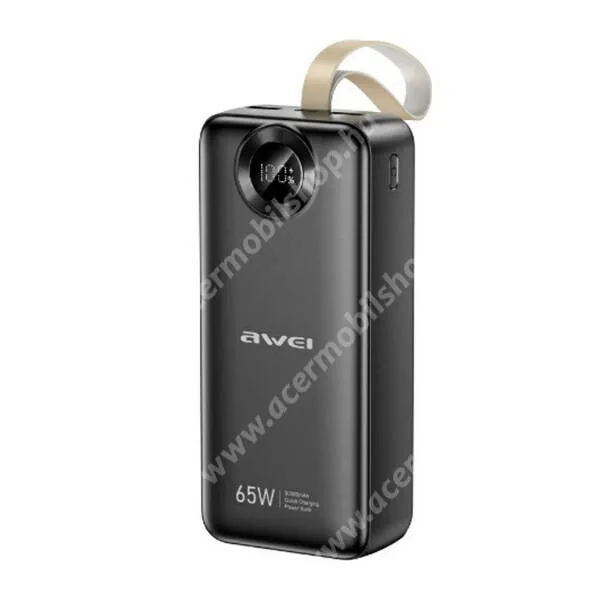 ACER Liquid Z3 Awei power bank, Vésztöltő, 1 x USB-A, 2 x USB-C aljzat, 30000mAh, 65W, Gyorstöltő, LED kijelző, PA-34, Fekete
