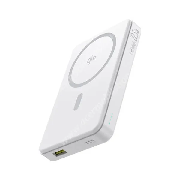 ACER Liquid Z3 Baseus Airpow II power bank, Vésztöltő, 1 x USB-A, 1 x USB-C aljzat, 10000mAh, 22,5W, PD3.0, QC3.0 gyorstöltő, LED jelző, 15W MagSafe Qi2 vezeték nélküli töltés, Fehér
