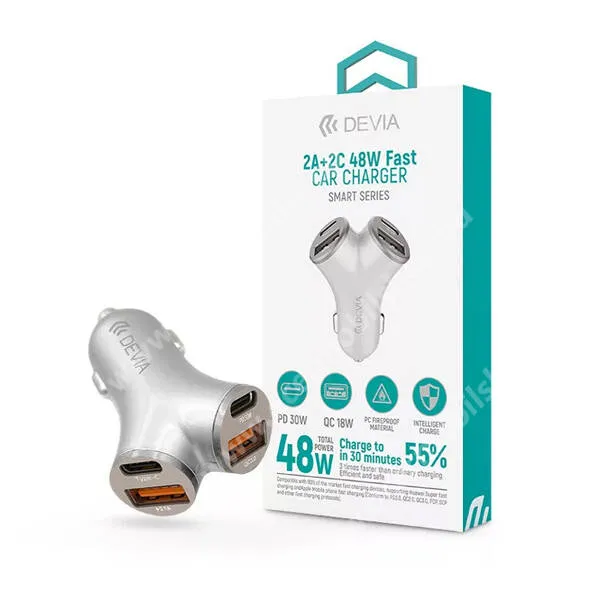 Zeblaze VIBE 6 Devia Extreme Metal autós telefontöltő, 2 x USB-A, 2 x USB-C aljzat, 48W, PD 3.0, QC 3.0, FCP, AFC, SCP, PPS gyorstöltés, Kábel nélkül, ST112537, Ezüst