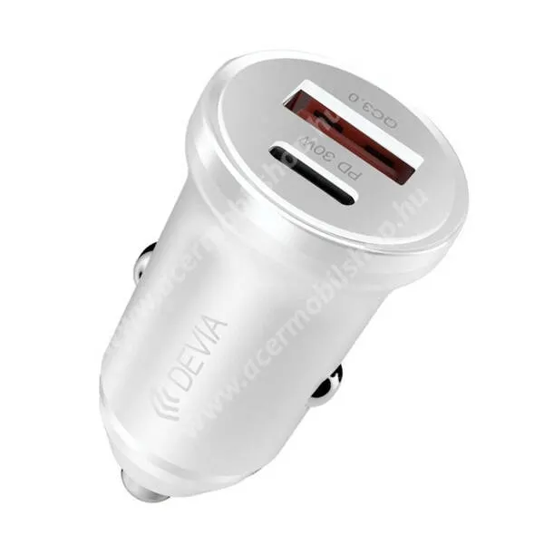  Devia Smart Mini autós, szivargyújtós telefontöltő, 1 x USB-A, 1 x USB-C aljzat, 30W, PD 3.0, QC 3.0 gyorstöltés, Kábel nélkül, ST112421, Fehér