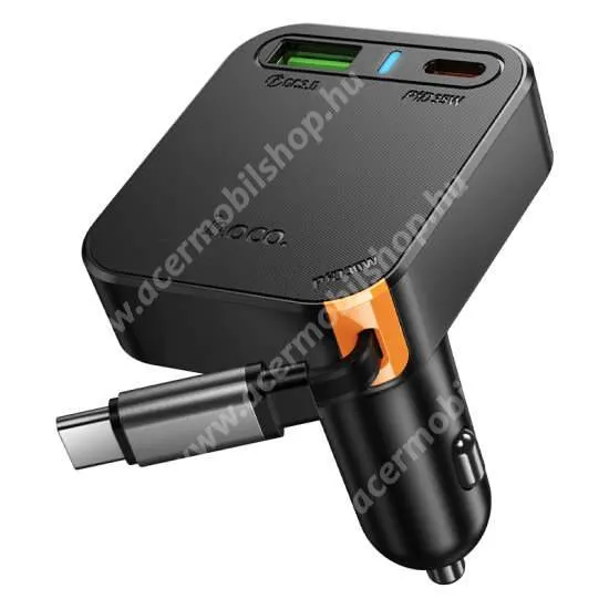 COROS Pace 2 Hoco autós, szivargyújtós telefontöltő, 1 x USB-A, 1 x USB-C aljzat, 65W, PD 3.0, QC 3.0 gyorstöltés, Fix, kihúzható Type-C lapos kábel, NZ18, Fekete