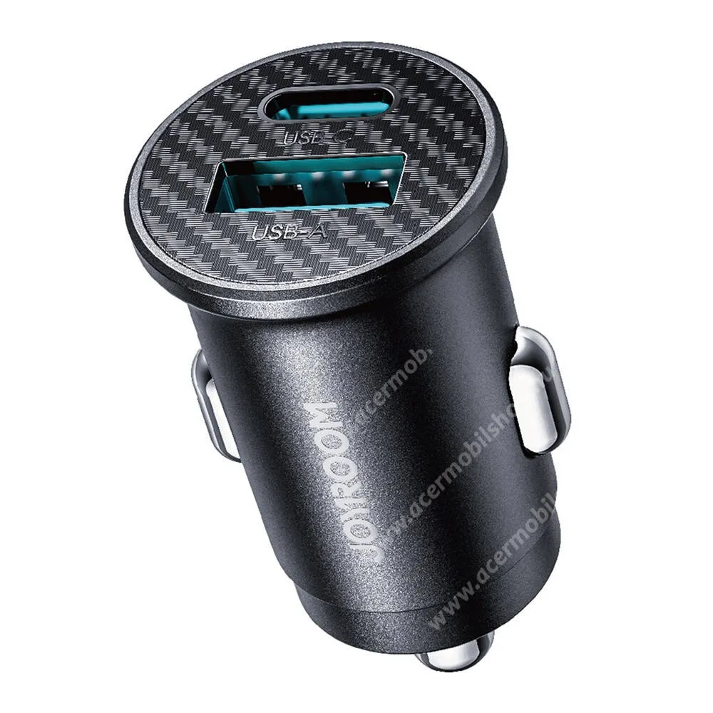  Joyroom autós, szivargyújtós telefontöltő, 1 x USB-A, 1 x USB-C aljzat, 15W, PD 3.0, QC 3.0 gyorstöltés, LED fény, Kábel nélkül, JR-CCN16, Fekete