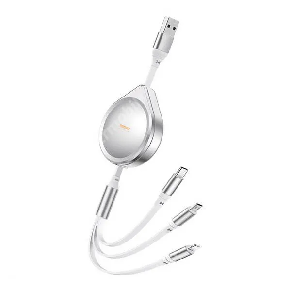 ACER Liquid Z3 Remax Drip adatátviteli és töltő kábel, 3A, 15W, USB-A / USB-C + microUSB + Lightning csatlakozók, Lapos kábel, Felcsévélhető, 1,2m hosszú, RC-C018, Ezüst