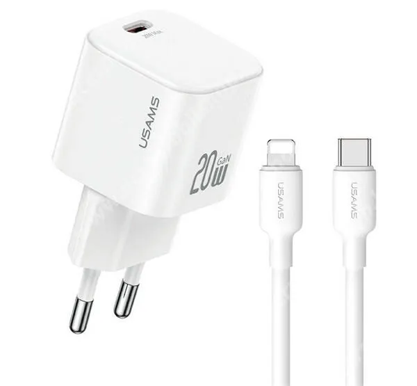 ACER Liquid S1 Usams JO hálózati gyorstöltő, 1 x USB-C aljzat, 20W, GaN, PD, Type-C / Lightning kábel, JOXLTZ03, Fehér