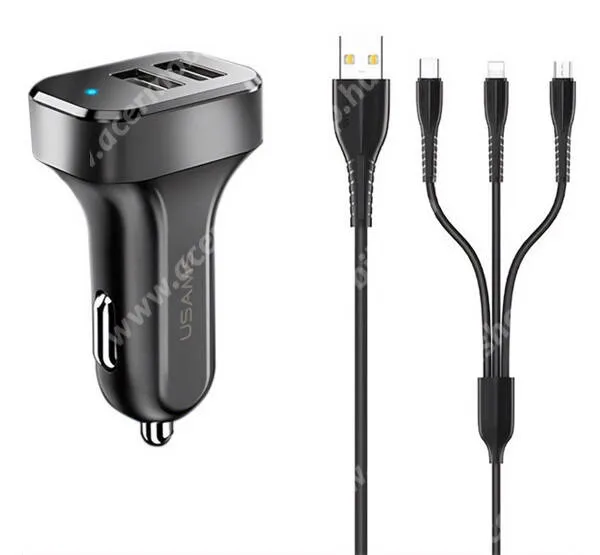  Usams King TU C13 autós, szivargyújtós telefontöltő, 2 x USB-A aljzat, 10W, LED jelzés + 3 az 1-ben USB-A / USB-C, Lightning, micoUSB töltőkábel, Fekete