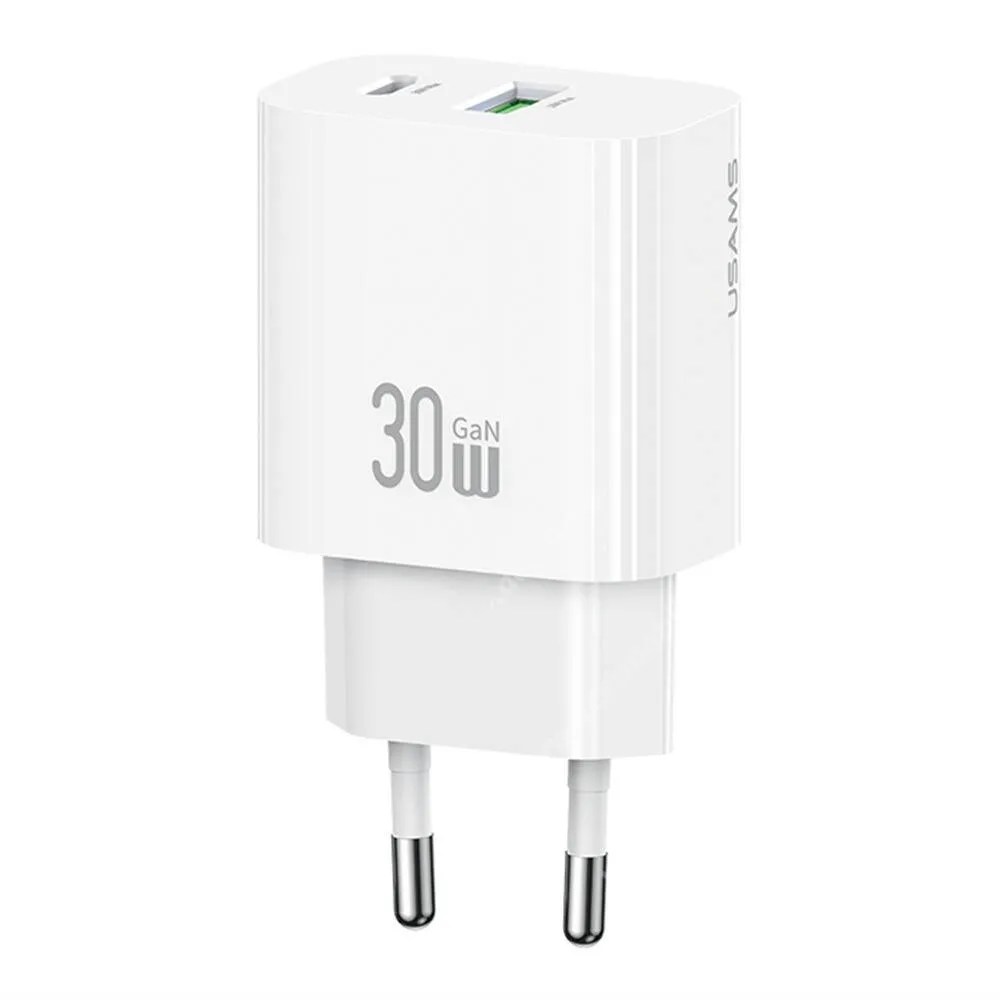 ACER Liquid Z3 Usams T65 hálózati gyorstöltő, 1 x USB-A, 1 x USB-C aljzat, 30W, GaN, PD, Kábel nélkül, CC316TC02, Fehér