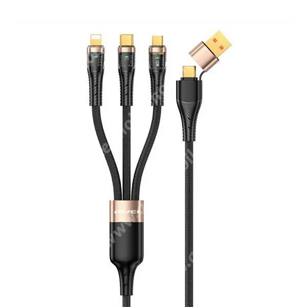 ACER Liquid S1 Awei adatátviteli és töltő kábel, USB-C + USB-A / USB-C (100W) + microUSB (10W) + Lightning (27W) csatlakozók, Szövettel bevont, 1,2m hosszú, 480Mbs, CL-228, Fekete