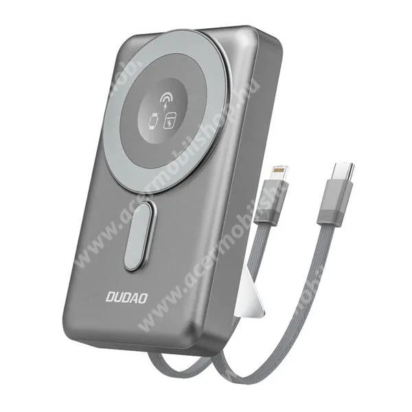 ACER Liquid S1 Dudao power bank, Vésztöltő, 1 x USB-C aljzat, 10000mAh, 20W, PD3.0, QC3.0 gyorstöltő, LED jelző, 15W MagSafe Qi vezeték nélküli töltés, Fix Type-C és Lightning kábel, Kitámasztó, K29, Szürke