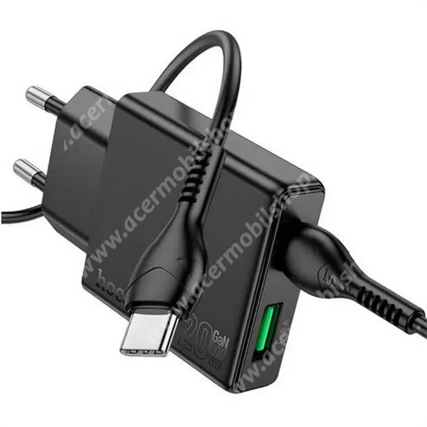 ACER Liquid S1 Hoco Delgado hálózati gyorstöltő, 1 x USB-A, 1 x USB-C aljzat, 20W, GaN, PD 3.0 gyorstöltés, Type-C kábel, N37, Fekete