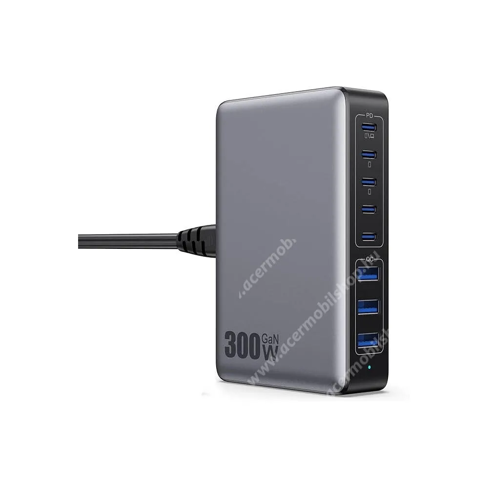 ACER Liquid Z3 BlackBird asztali gyorstöltő állomás, GaN, 300W, 3 x USB-A, 5 x USB-C, Jelző LED, PD 3.1, QC 4.0, PPS, AFC, FCP, SCP, BH1672, Fekete