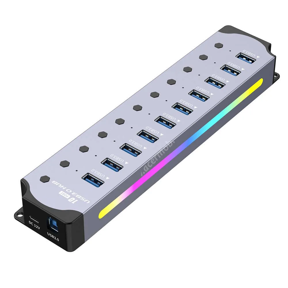 ACER Liquid Jade Primo10 Portos USB-A 3.0 aktív hub, Független kapcsolók, RGB Világítás, 5 Gbps adatátvitel, DC 5V, USB-C, Táp nélkül, YX-H3010, Szürke