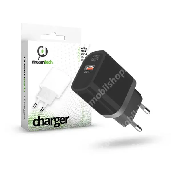ACER Iconia Tab A500 Dreamtech Charger hálózati töltő, 1 x USB-C és 1 x USB-A aljzattal, 20W, PD gyorstöltés támogatás, Kábel nélkül, Fekete