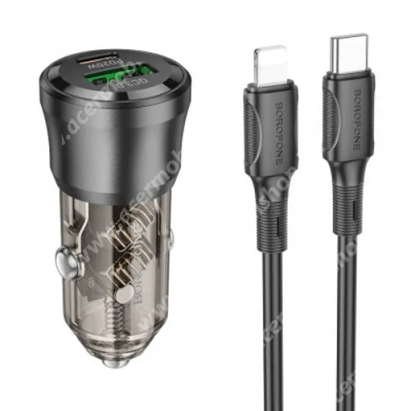 ACER Iconia Tab A3 Hoco Borofne autós, szivargyújtós telefontöltő, 1 x USB-A, 1 x USB-C aljzat, 38W, PD 3.0, QC 3.0 gyorstöltés, Type-C / Lightning kábel, BZ25, Fekete