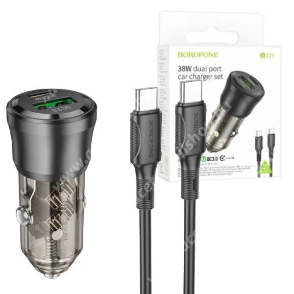 Acer Liquid E3 E380 Hoco Borofne autós, szivargyújtós telefontöltő, 1 x USB-A, 1 x USB-C aljzat, 38W, PD 3.0, QC 3.0 gyorstöltés, Type-C / Type-C kábel, BZ25, Fekete