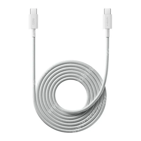 Xiaomi adat és gyorstöltő kábel, USB-C / USB-C, 6A, 120W, HyperCharge, PD, QC3.0 gyorstöltés, 2m hosszú, Szövettel bevont, BHR087AGL, Fehér