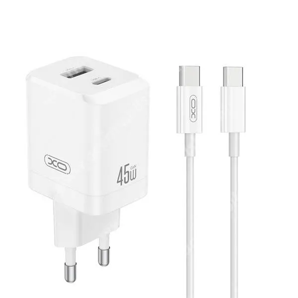  XO hálózati gyorstöltő, 1 x USB-A, 1 x USB-C aljzat, 45W, GaN, PD 3.0, QC3.0 gyorstöltés, Type-C Kábel, CE36, Fehér