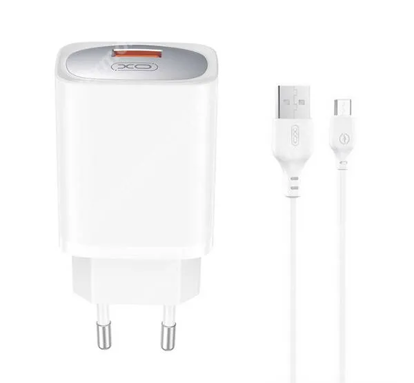  XO hálózati gyorstöltő, 1 x USB-A aljzat, 18W, QC3.0 gyorstöltés, USB-A / microUSB kábel, CE19, Fehér