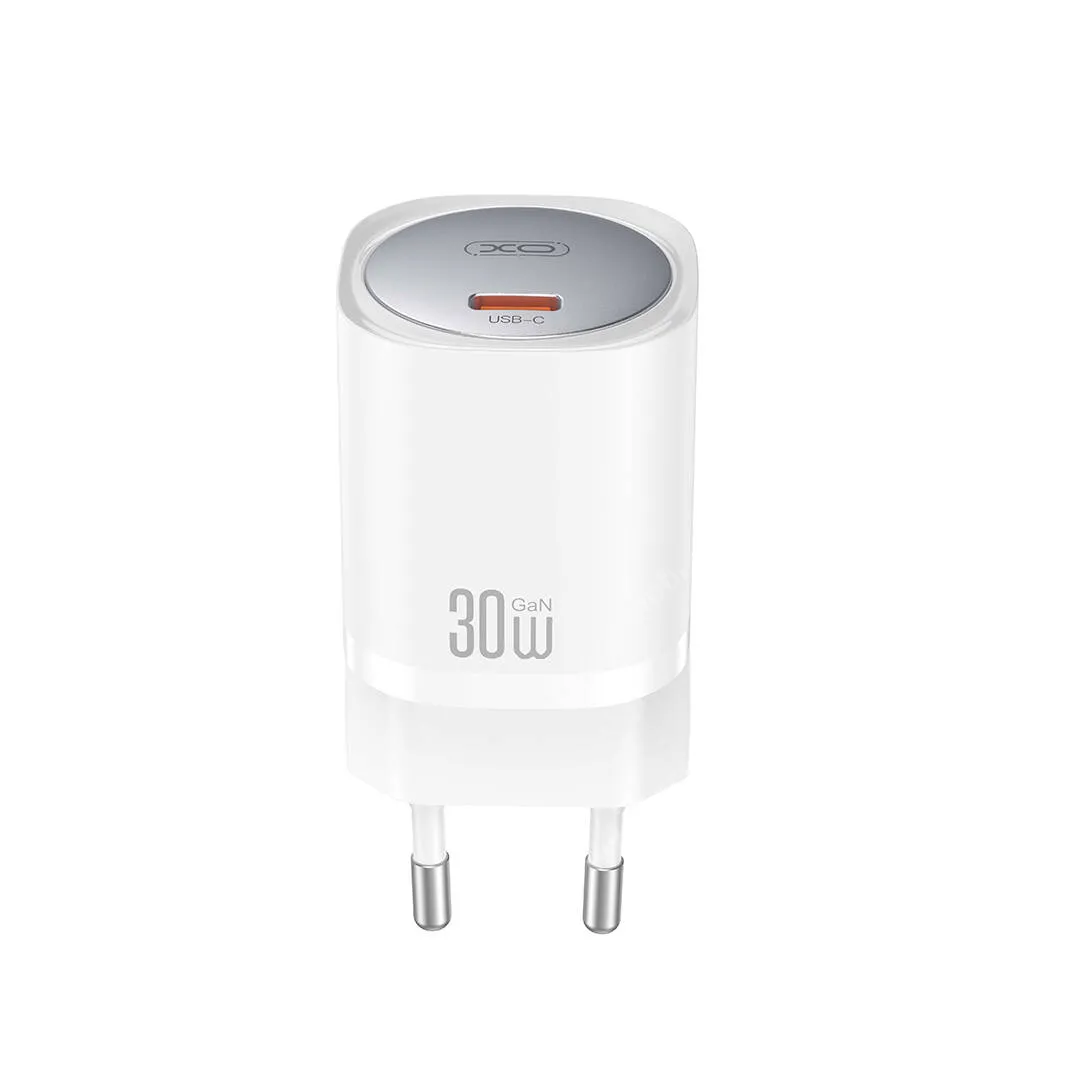  XO hálózati gyorstöltő, 1 x USB-C aljzat, 30W, GaN, PD 3.0, QC3.0 gyorstöltés, Kábel nélkül, CE20, Fehér