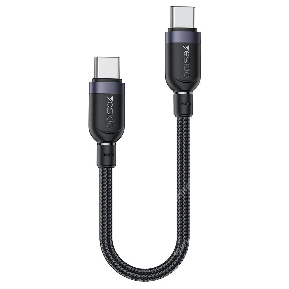 Yesido adat és gyorstöltő kábel, USB-C / USB-C, 60W, PD, Gyorstöltés, 480Mbps, 30cm hosszú, Szövettel bevont, CA188, Fekete