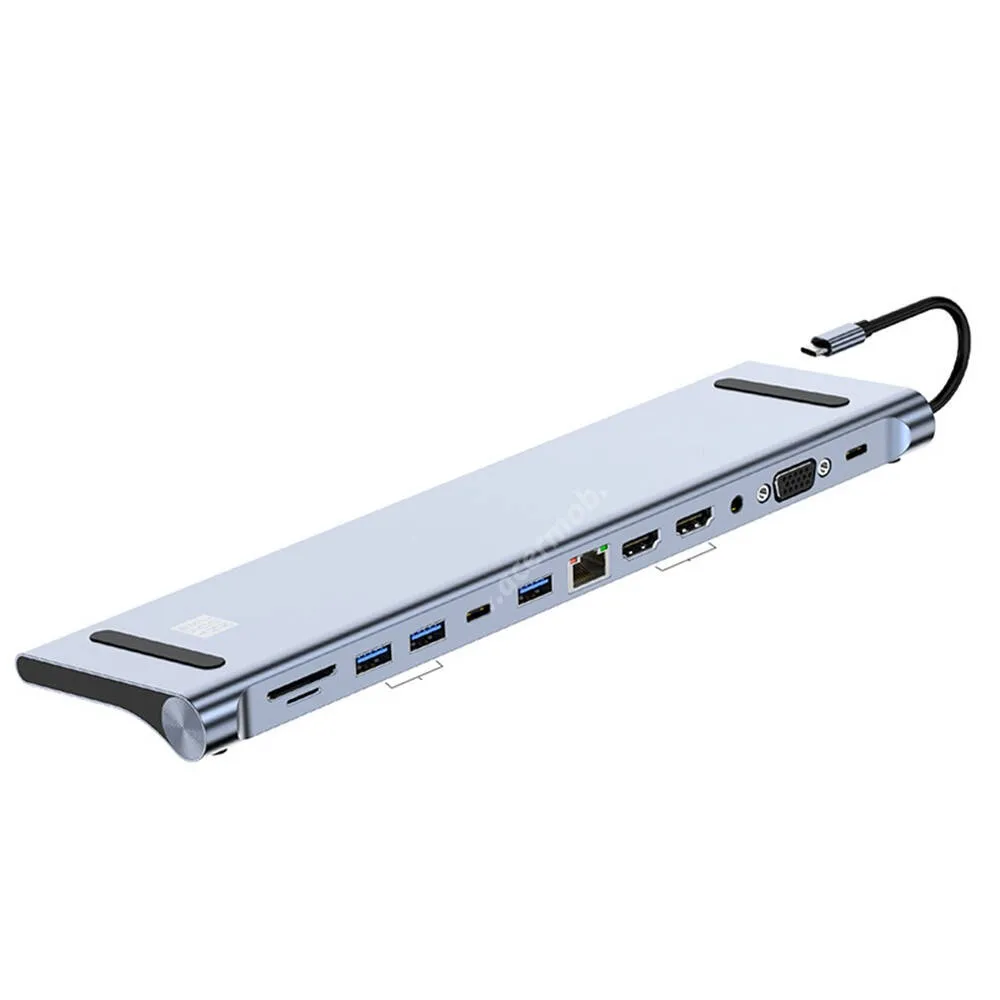 ACER Liquid S1 JUNSUNMAY 12 az 1-ben USB-C laptop dokkoló állomás, multiport USB-C hub, átalakító HDMI, VGA, RJ45 100Mbps, SD, microSD, TF kártyaolvasó, 3,5mm Jack audio aux, USB-A, USB-C 87W PD töltés, JSM-HUB022, Szürke