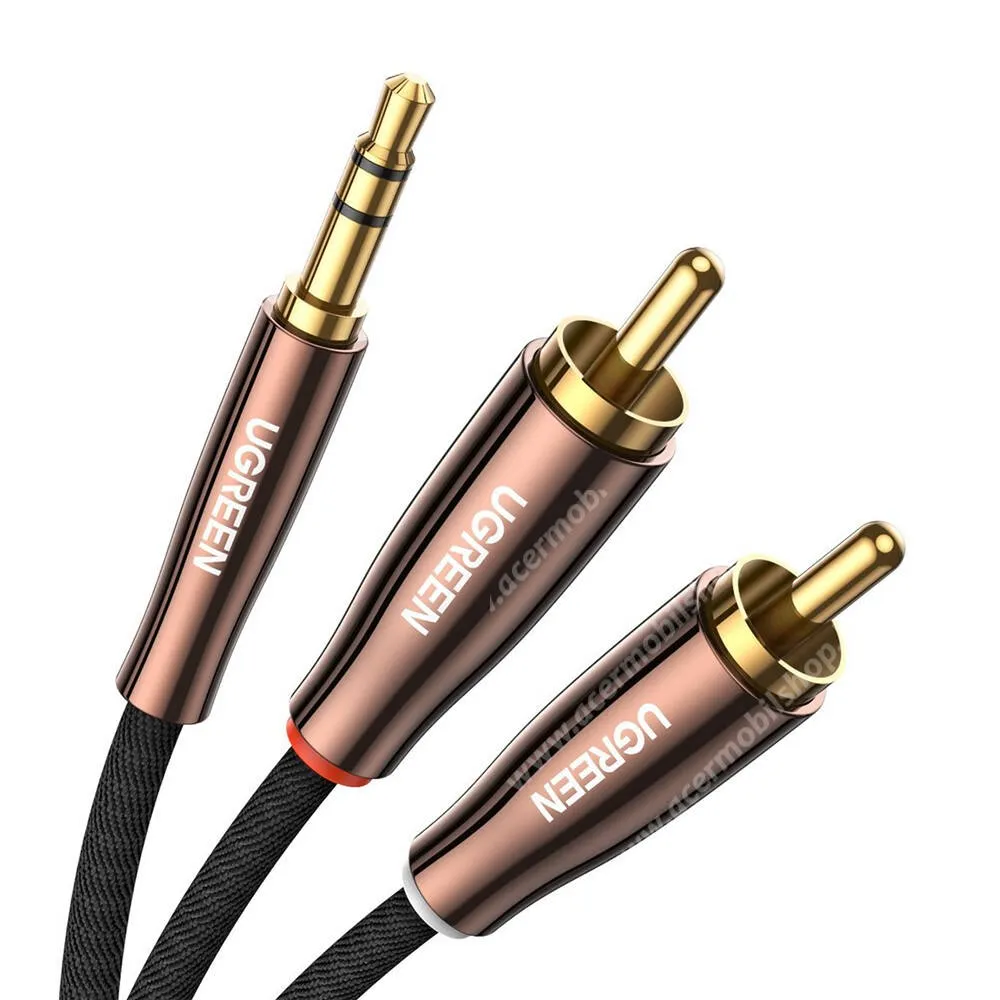 ACER Liquid S1 UGREEN 3,5mm Jack / 2 x RCA apa sztereó audió kábel, Hangkábel, Kétirányú hangátvitel, 2m, Szövettel bevont, Aranyozott csatlakozók, 80847, Fekete