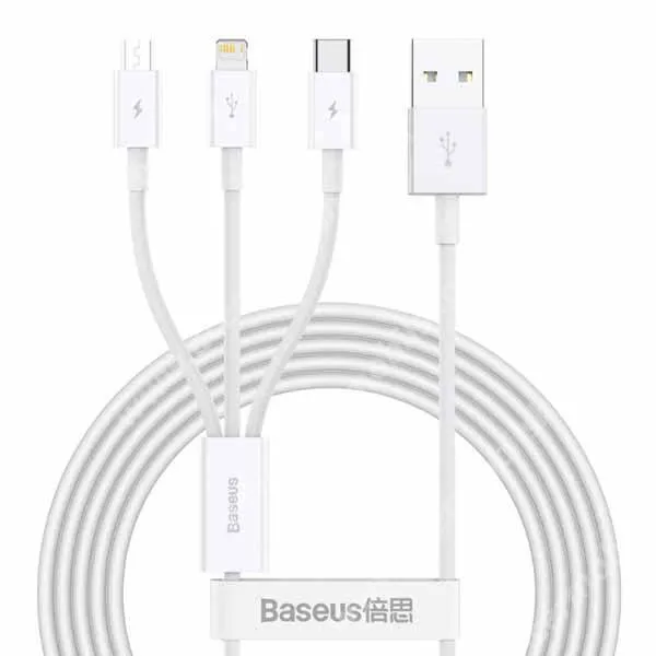 ACER Liquid S1 Baseus Superior adat és töltőkábel 3 az 1-ben, USB-A / USB-C + Lightning + microUSB, 20W, 1,5m, CAMLTYS-02, Fehér