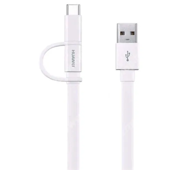 Huawei adat és töltő kábel, 2 az 1-ben, USB-A / microUSB + Type-C, lapos kábel, 10W, 1,5m, AP55S, Fehér, Gyári