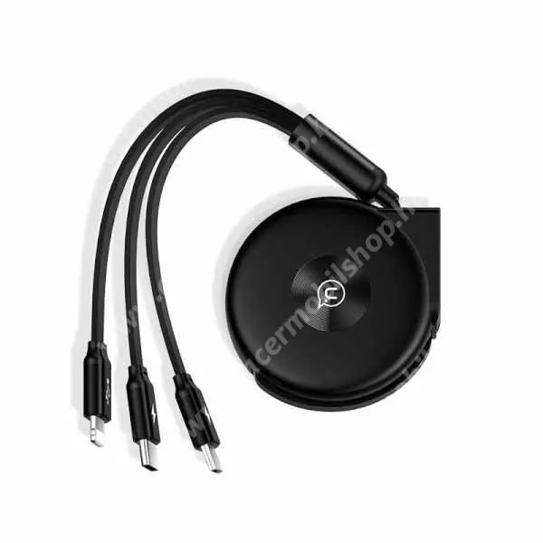 ACER Liquid S1 Usams adat és gyorstöltő kábel 3 az 1-ben, USB-A / USB-C + Lightning + microUSB, 2A, 10W, 1m, Csévélhető, U20, SJ280USB01, Fekete